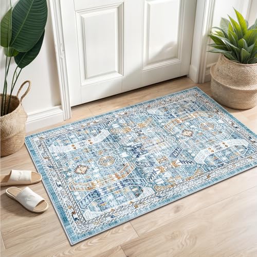 Madane Washable Area Rug 2x3, Small Entryway Rug Non-Slip Vintage Door Mat Indoor Entrance, Low Pile Floor Carpet for Inside Front Door Bedroom Kitchen Entry Laundry (2'x3', Blue/Gold)