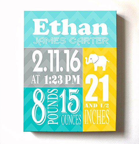 Personalized Stretched Canvas Birth Announcement Gift, Custom Baby Name, Date, Weight Stats, Newborn Elephant Nursery Wall Art Decor, Wooden Frame Construction, Ready to Hang 20X24