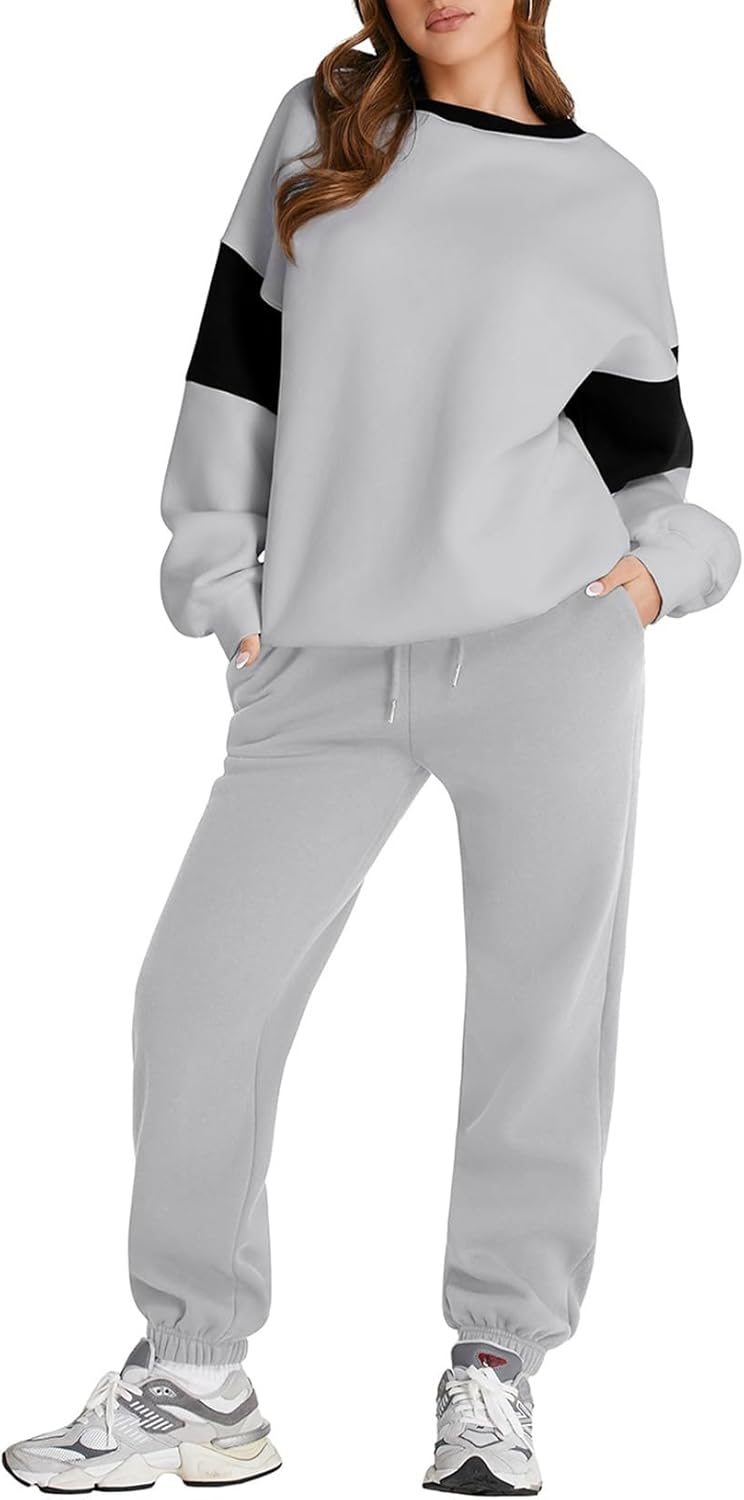 Herseas Womens Two Piece Outfits Long Sleeve Color Block Crewneck Tracksuit Fall Trendy Lounge Set