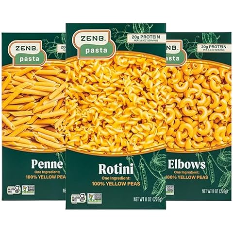ZENB Plant Based Rotini, Elbow, and Penne Variety Pack Pasta - Made From 100% Yellow Peas, Gluten Free, Non-GMO & Vegan, 20g of Protein & 12g of Fiber In Each Serving - (Pack of 3) Cover