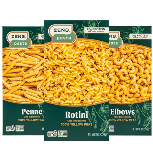 ZENB Plant Based Rotini, Elbow, and Penne Variety Pack Pasta - Made From 100% Yellow Peas, Gluten Free, Non-GMO &amp; Vegan, 20g of Protein &amp; 12g of Fiber In Every Serving - (Pack of 3)