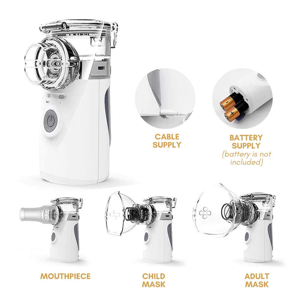 Nebulizador de Malla Portátil, Inhalador para Niños y Adultos, Inhaladores Eléctricos, Nebulizador Silencioso con Pilas AA (No incluídas) /USB, nebulizador de malla silencioso de tamaño bolsillo