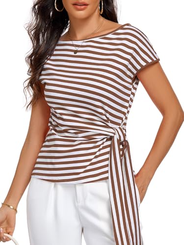 Image of HOTIAN Womens Cap Sleeve T Shirts 2026 Tie Waist Wrap Tops Crew Neck Blouses Dressy Casual Loose Work Business Dressy