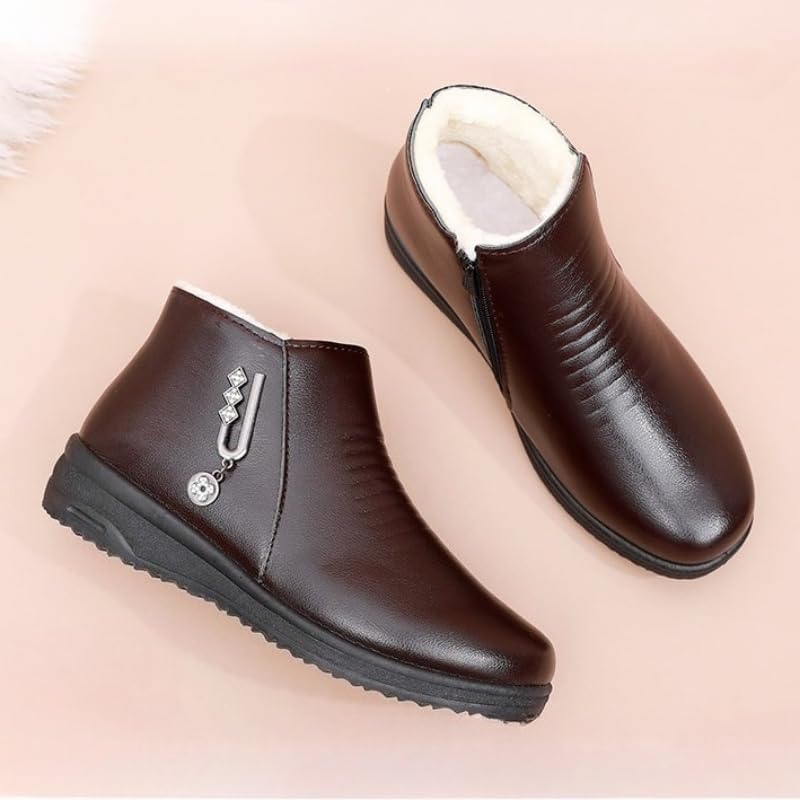 Women's Wedge Heel Ankle Booties Soft Leather Platform Side Zipper Sparkling Metallic Decorations Winter Warm Fur Lined Snow Boot