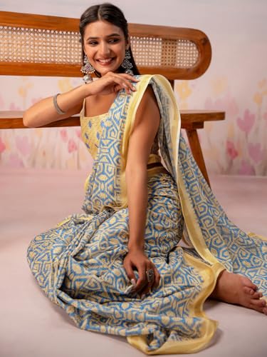 Image of Satrani Women's Silk Printed Ready To Wear Saree with Unstitched Blouse Piece