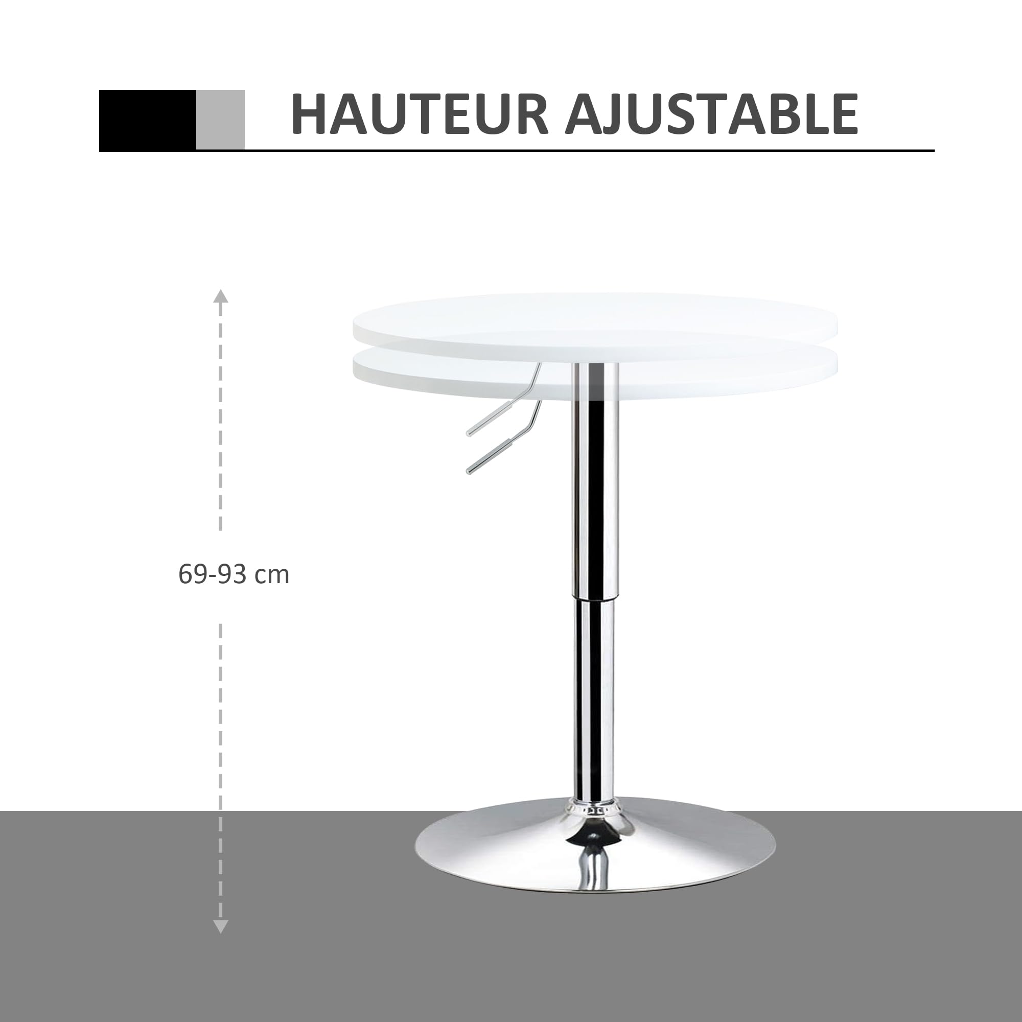 HOMCOM Table de Bar Ronde Mange-Debout Hauteur Réglable 69-93 cm Blanc | Table de Bistro Haute, Base en Métal, Plateau Pivotant en Bois