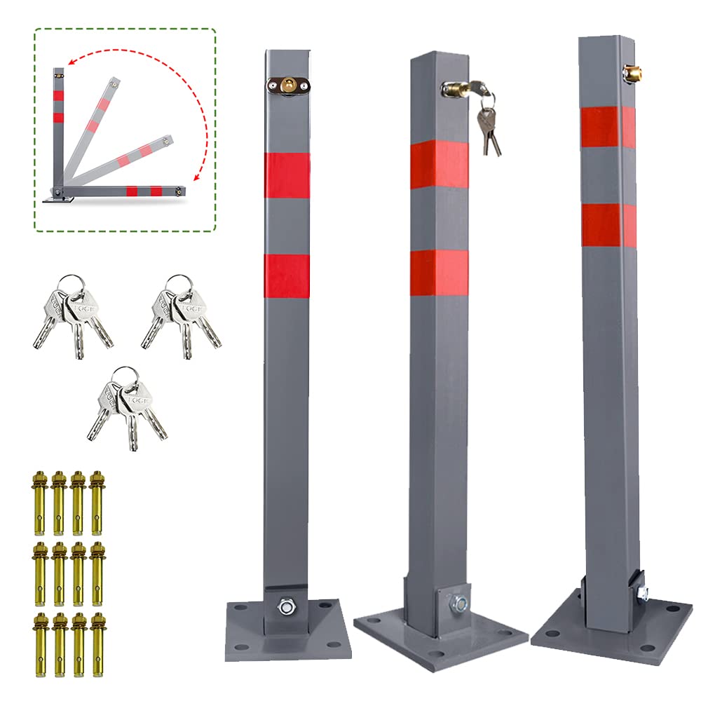 NAIZY Parkeerpalen, inklapbaar, parkeerblokkering, afsluitpalen met 3 sleutels en reflecterende strepen, stalen slotpaal, 18 cm x 18 cm x 60 cm, 2 stuks