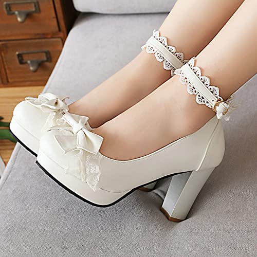 UniqueStride Womens Platform Chunky Block High Heel Pumps Ankle Strap Sweet Bow Buckle Closed Toe Shoes3