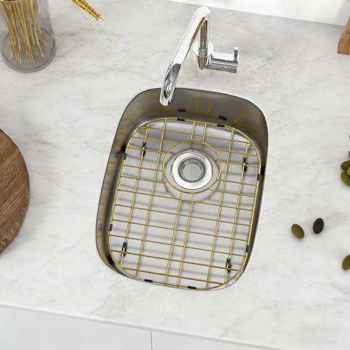 Golden Kitchen Sink Rack,16.2”x13” Sink Protector for Kitchen Sink with Rear Drain,Stainless Steel Sink Grate with Strainer, Metal Sink Grid with Corner Radius 3-1/2" for Bottom of Sink,1 pack by WEJIPP - Used condition - Image 2