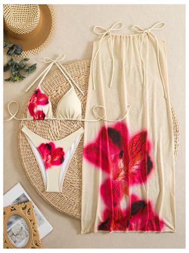 Verdusa Women's 3 Piece Boho Floral Print Bikini Set Halter Triangle High Cut Swimsuit with Cover Up2