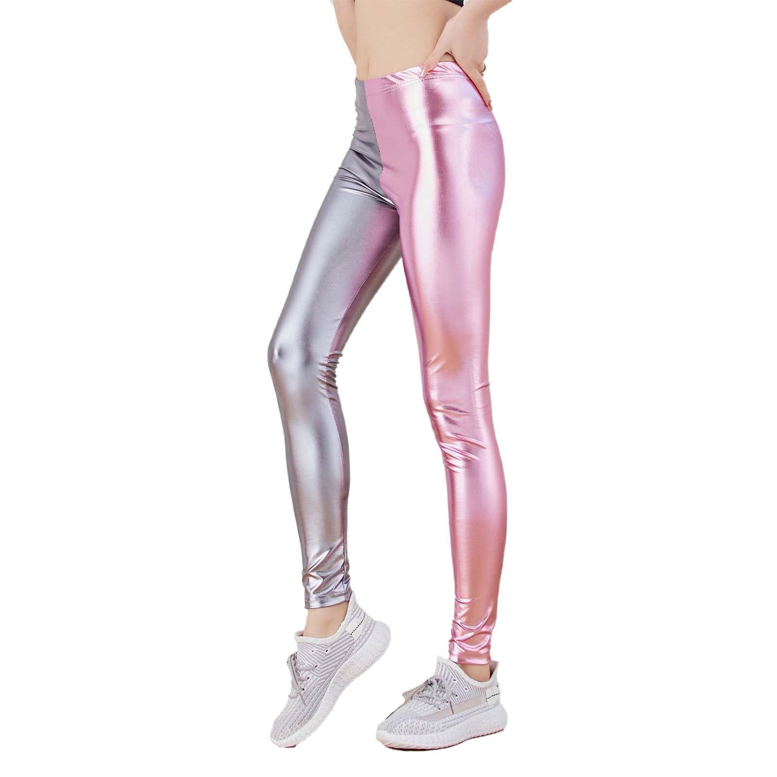 Ladies 80s Retro Metallic Shiny Wet Look Leggings Adult Disco Fancy Dress Costume Womens Outfit Pants Light Gray