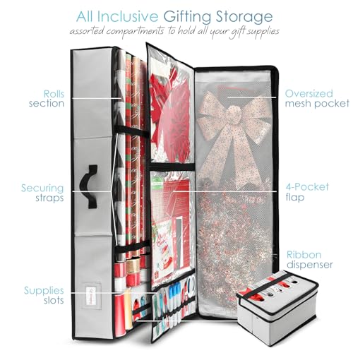 Image of Hearth & Harbor Wrapping Paper Storage Container - Christmas Storage Bag with Ribbon Dispenser and Interior Pockets - Gift Wrap Organizer Fits Up to 26 Rolls of 40 inch Length, Silver