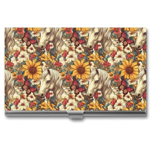 DULAHR Horse Sunflower Business Card Holder Pocket Business Card Case Metal Case Name Card Holder Men Women