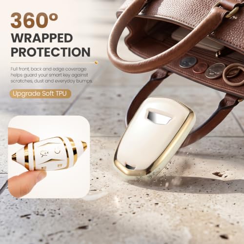 Image of Key Fob Cover for Cadillac, White Braided Loop Keychain, Gold Edge