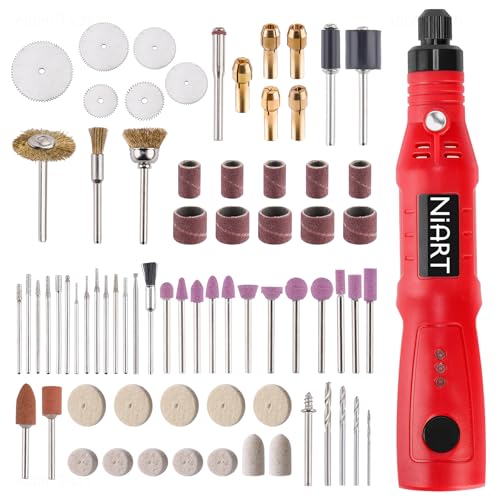NiArt Mini Cordless Rotary Tool, 3-Speed and USB Charging Rotary Tool Kit with 72 Accessories, Multi-Purpose 3.7V Power Rotary Tool for Sanding Polishing Drilling Etching Engraving DIY Crafts (Red)