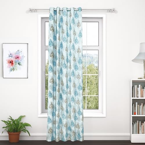 Image of Door Curtains 7 feet Long Set of 1 | Motif Design | Polyester | Light Filtering | Curtain for Living Room | 118 x 215 cm, Mustard & Teal | Perfect for Home Decor