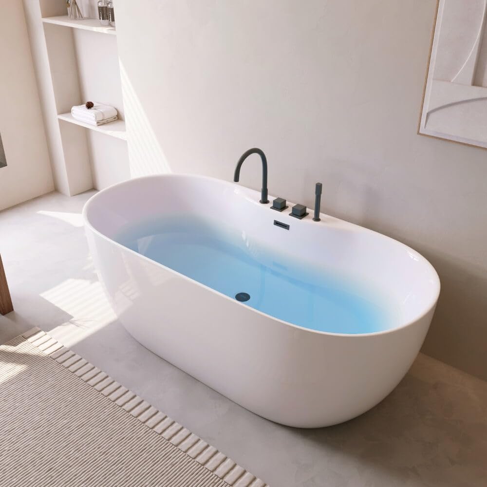 HOME DELUXE - Vasca da bagno autoportante – LENI – Bianco, con rubinetto nero – Dimensioni: circa 170 x 80 x 58 cm – Capacità: 235 litri, con protezione anti-troppopieno, sifone e chiusura I Spa, per