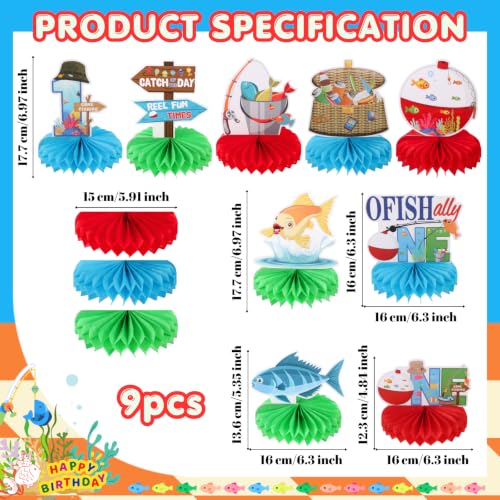 Image of 9pcs Ofishally One Table Centerpieces for First Birthday Party Decorations Gone Fishing Honeycomb Centerpieces for Boys 1st Birthday Table Topper Sign Decors O Fishally Baby Shower Party Supplies