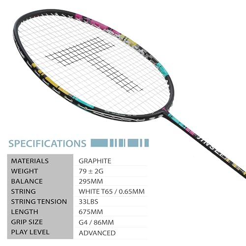 Image of TANSO Jinsei Full Graphite Ultra Light Weight Carbon Fibre Strung Badminton Racket with Free Full Racquet Cover (79 Grams, 33 Lbs Tension, Strung with T65 Premium Strings) (Black)