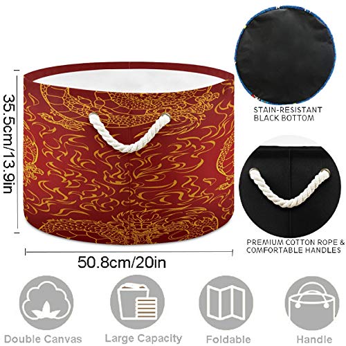 Image of visesunny Storage Basket Playful Asian Dragon And Fire Nursery Hamper Basket Clothes Toy Storage Organizer Bin Box Collapsible Laundry Bag for Kid Room,Playroom,Bathroom,Living Room,Dorm,Office