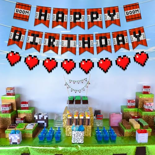 Image of Pre-Strung Pixel Themed Birthday Party Decorations, Video Game Happy Birthday Banner, Boom Style Gamer Party Supplies, NO DIY