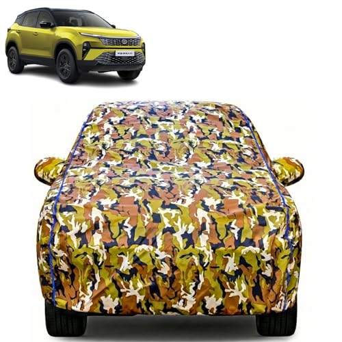 Image of Waterproof Car Body Cover for Tata Harrier with Mirror Pocket| Cotton Inner Lining | Triple Stitched | All Weather Protection | Dust, UV & Rain Proof (Camouflage with Blue Piping)