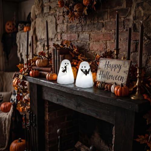 Image of Halloween Ghost Flameless Real Wax Candles Battery Operated with Timer | White, 3D Wick Flickering, 6H Timer, LED Light, Bat & Cat Ghost Halloween Decor & Gift, 3.3 inch x 4.3 inch, 2 pack