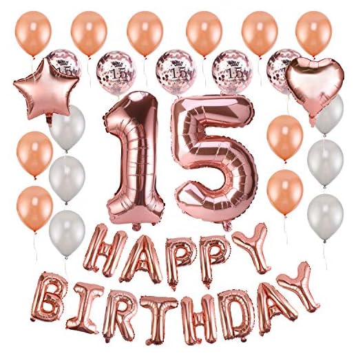 HOWAF Decoración de cumpleaños 15 en Oro Rosa, 59 Piezas Feliz cumpleaños Decoración Globos Guirnalda Banner 15 Años Globos de Confeti y Estrella Corazon Globos de Aluminio para niñas y Mujeres