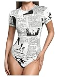 WDIRARA Women's Newspaper Print Short Sleeve Round Neck Tummy Control One Piece Bodysuit Casual Top Black and White S