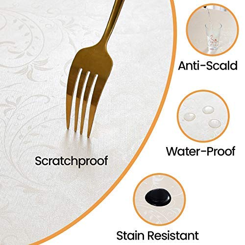 Image of Romanstile Waterproof Vinyl Tablecloth Round, 60 x 60 Inch, Flower Beige | Flannel Backing Wipeable Table Cloth, Heavy Duty Plastic PU Table Cover for Kitchen Dining, Indoor & Outdoor Use