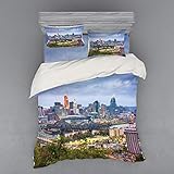 Ambesonne Cincinnati Bedding Set, Wide Perspective of Suspension Bridge and Apartments Streets Highway Grey Sky, 4 Piece Duvet Cover Set with Shams and Fitted Sheet, California King, Multicolor