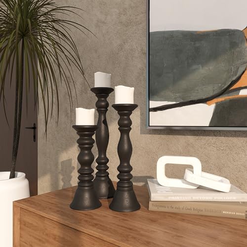 Deco 79 Wood Decorative Candle Holder Turned Style Pillar Candle Stand, Set of 3 Candlestick Holder 18, 15, 12'H, Black by Deco 79 - Image 7