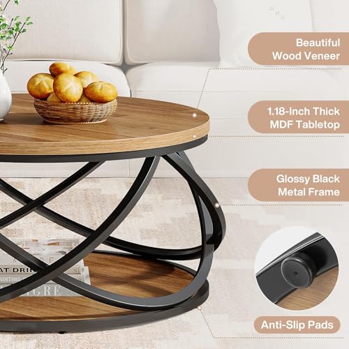 Tribesigns 2-Tier Round Coffee Table, 31.5" Circular Centre Table, Wood Grain Accent Table with Storage Shelf and Cross Metal Frame for Living Room, Small Space, Rustic Brown - Image 4