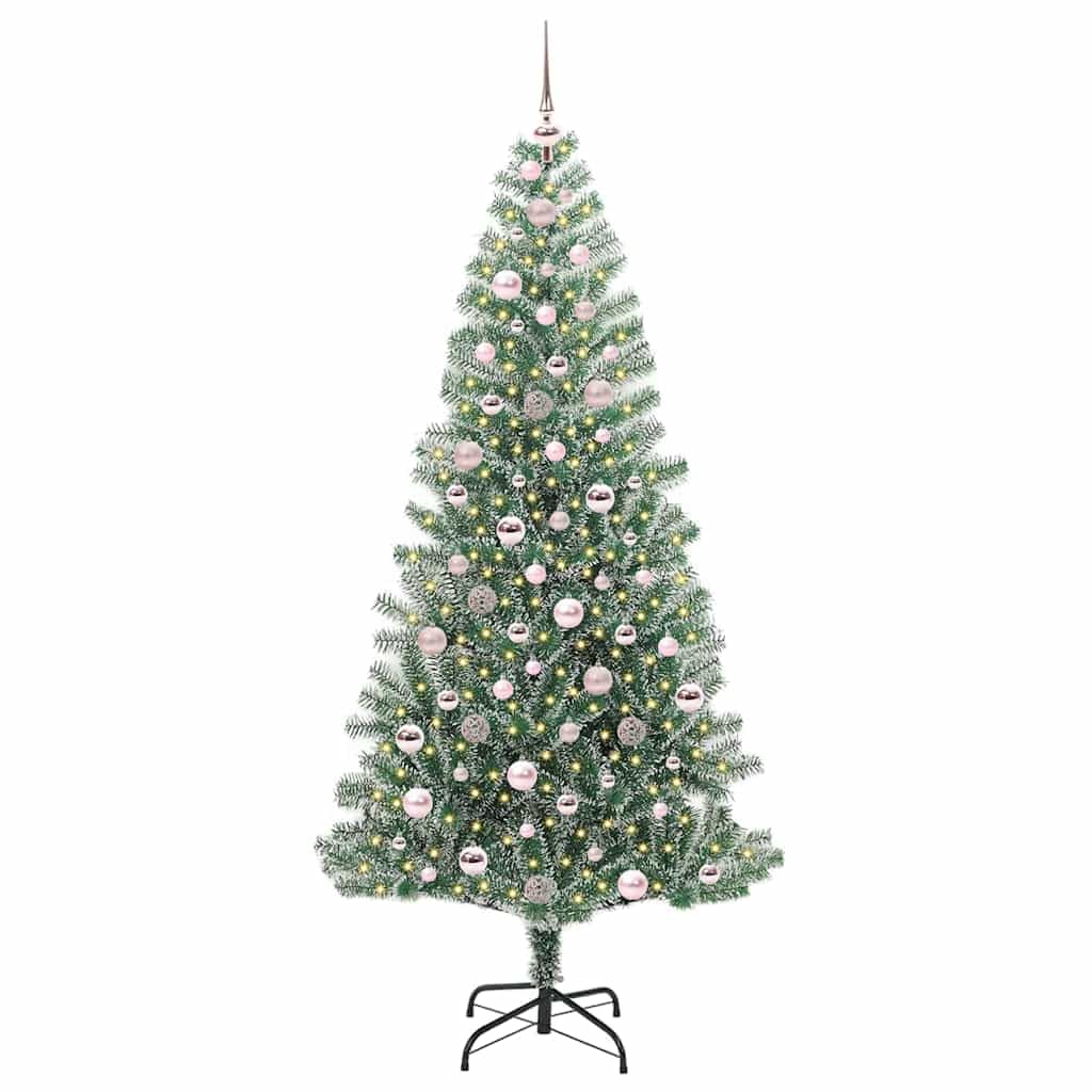 Sztuczna choinka, zaśnieżona, 210 cm, 910 grotów PE, z 300 diodami LED w kolorze ciepłej bieli, smukła konstrukcja, do użytku wewnątrz i na zewnątrz, łącznie z kulkami