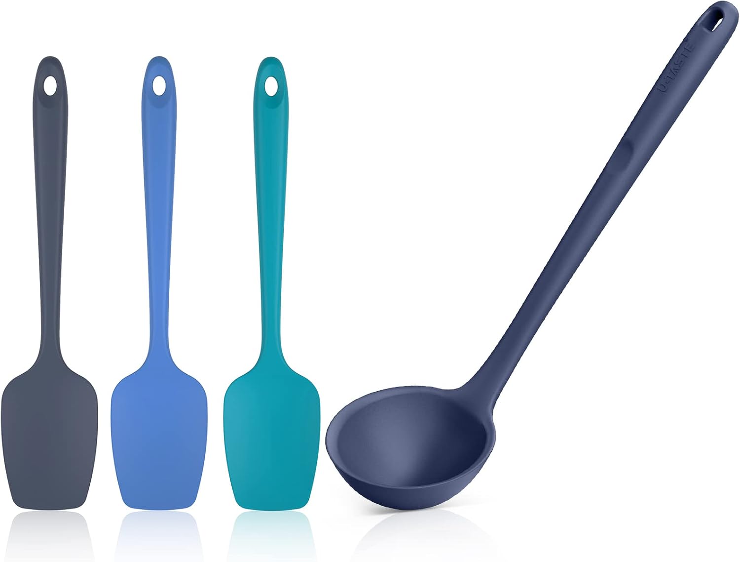 U-Taste 600ºF Heat Resistant Flexible Silicone Spoon Spatula Set of 3 and 600ºF Heat Resistant 13 inch Large Non-Stick Silicone Soup Ladle (Midnight Blue)