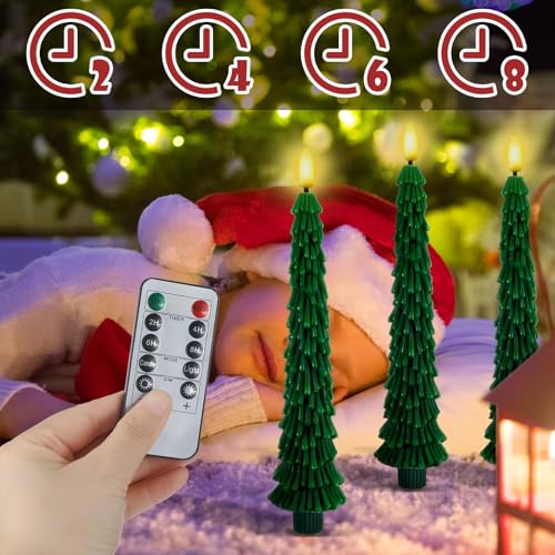 Image of Funtery 6 Pcs LED Christmas Tree Flameless Taper Candles Real Wax Battery Operated Candlestick Lights with 3D Flame and Remote Timer Window Fireplace(Green,Classic Christmas Tree)
