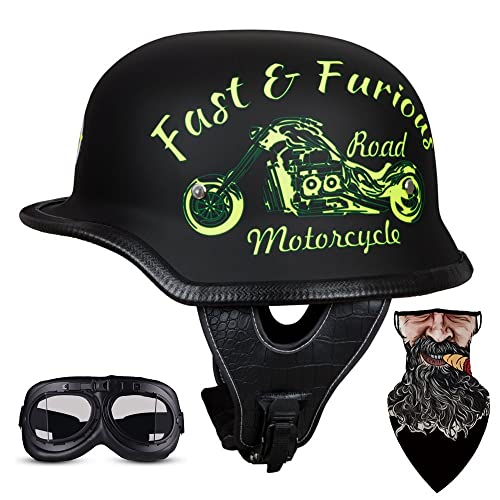 German Style Motorcycle Retro Half Helmet 100% DOT Approved Cap Half Shell Helmet Mens Womens Half Open Helmet with Adjustable Quick Release Buckle Cap Half Shell Helmet+Goggles