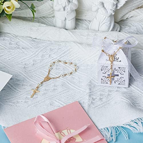 50 Packs Baptism Favors Set Baptism Rosary Acrylic Rosary Beads Faux Pearls with Organza Bags and Cross Baptism Favor Boxes with Ribbons for Christening Weddings Party Favors(Gold Pearl Bracelet)