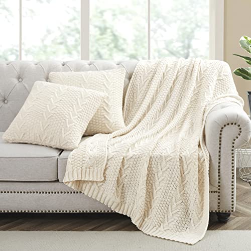 Aormenzy Knitted Throw Blanket (50" X 60") And 2 Pillow Covers (18" X 18"), 3 Piece Cream Throw Blanket Set, Decorative Throw Blankets For Couch Sofa Bed Living Room #TOP2