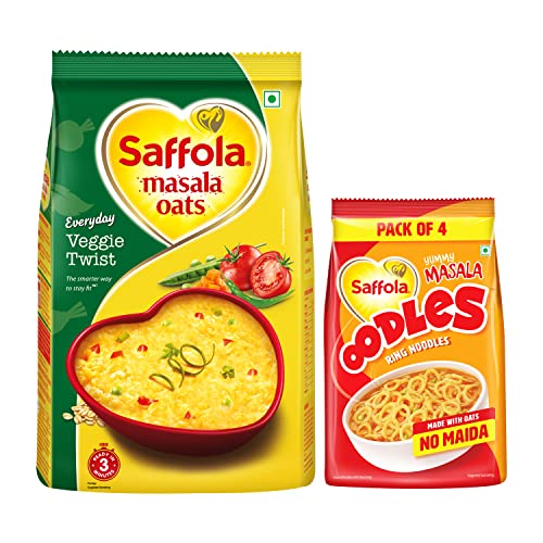 Image of Saffola Masala Oats, Tasty Evening Snack, Veggie Twist, 1Kg & Saffola Oodles, Instant Noodles, Ring Shape, Yummy Masala Flavour, No Maida, Whole Grain Oats, 212g
