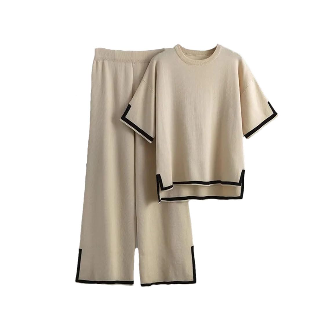 Ensemble d'été deux pièces tricoté en soie glacée pour femme - Pull à manches courtes - Taille haute - Pantalon ample à jambes larges
