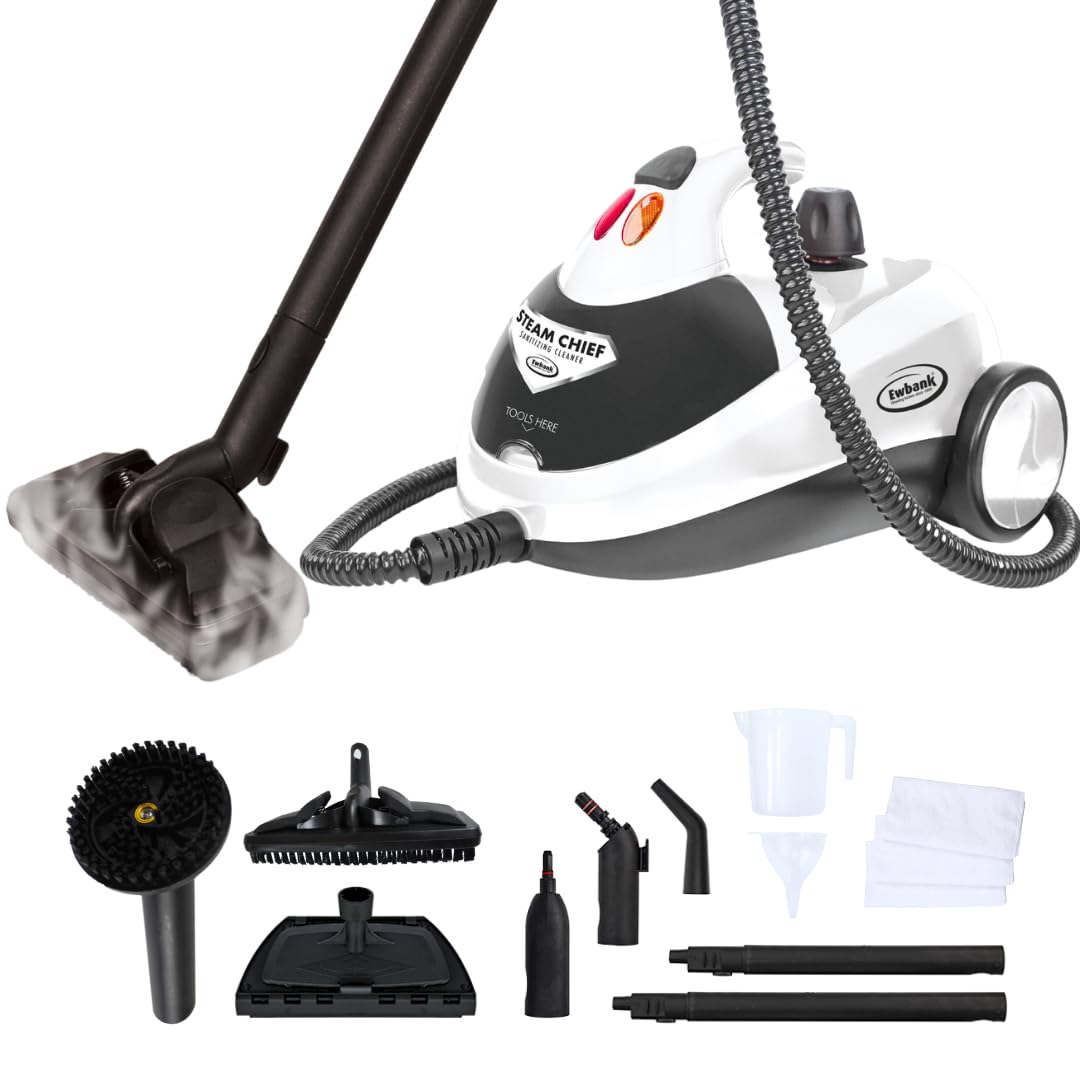 ewbank 1800w steam cleaner, with attachments, carpets, tile, floors, car, upholstery, bathroom, kitchen, windows, grout