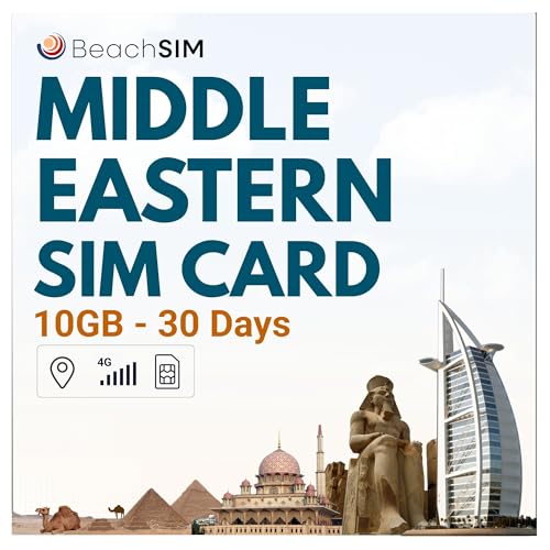 Tarjeta SIM BeachSIM Oriente Medio. 10 GB de Datos a velocidades 4G/5G. Solo Datos SIM. Roaming Gratuito en Bahréin, Egipto, Kuwait, Omán y Pakistán. Válido por 30 días.