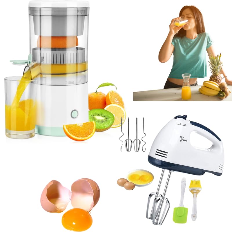 Drumstone 𝟏𝟓-𝐘𝐞𝐚𝐫 𝐖𝐚𝐫𝐫𝐚𝐧𝐭𝐲 -Combo C1038 Automatic Citrus Juicer | Electric Orange Squeezer | USB Rechargeable & Portable & Electric Hand Mixer | 7-Speed Beater for Cake & Baking (White)-image-4