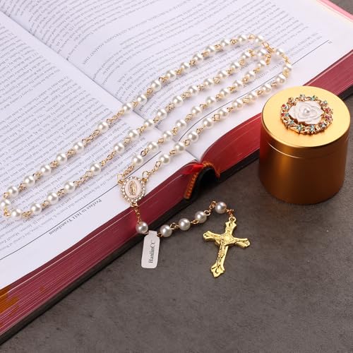 HanlinCC Glass Pearl Beads Our Lady of Guadalupe Catholic Rosary Neckalce with Titanium Steel Rose Flower Diamond Gift Box (Gold White) - Thumbnail 7