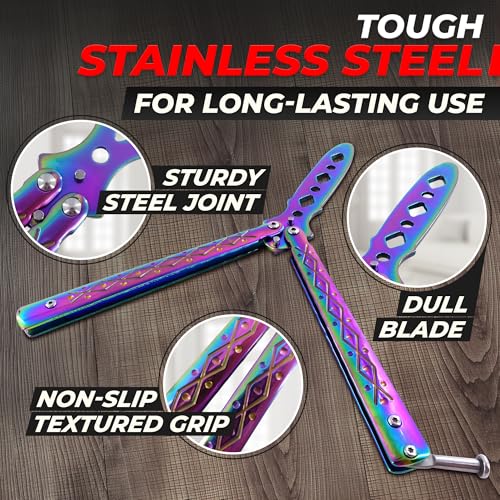 Rainbow 8.2" Practice Butterfly Knife Trainer with Safe Blade - Metal Training Butterfly Knife Practice With Strong & Comfortable Handles - Well-Balanced Gradient Balisong Trainer for Smooth Flipping