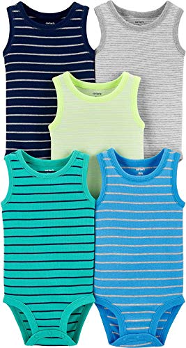 Carter's Baby Boys' 5-Pack Original Bodysuits, Sleeveless (3 Months, Navy/Turquoise/Heather/Neon Yellow) #TOP2