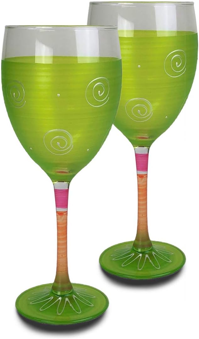 Hand Painted Wine Glasses Set of 2 - Peruvian Splendor Lime Green Collection - Hand Painted Glassware by USA Artists - Unique and Decorative Wine Glasses, Kitchen Table Décor
