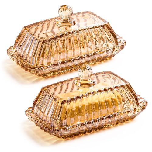 Ferrochef 2 Pack Glass Butter Dish with Lid for Countertop Butter Serving Tray Crystal Covered...