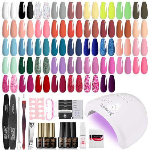 ROSALIND Kit Uñas Semipermanentes, 48W Lampara uñas semipermanentes, 43 Colores Kit Pintauñas Gel Completo UV Blanco Gris Negro Amarillo Glitter Esmaltes Permanentes Manucira
